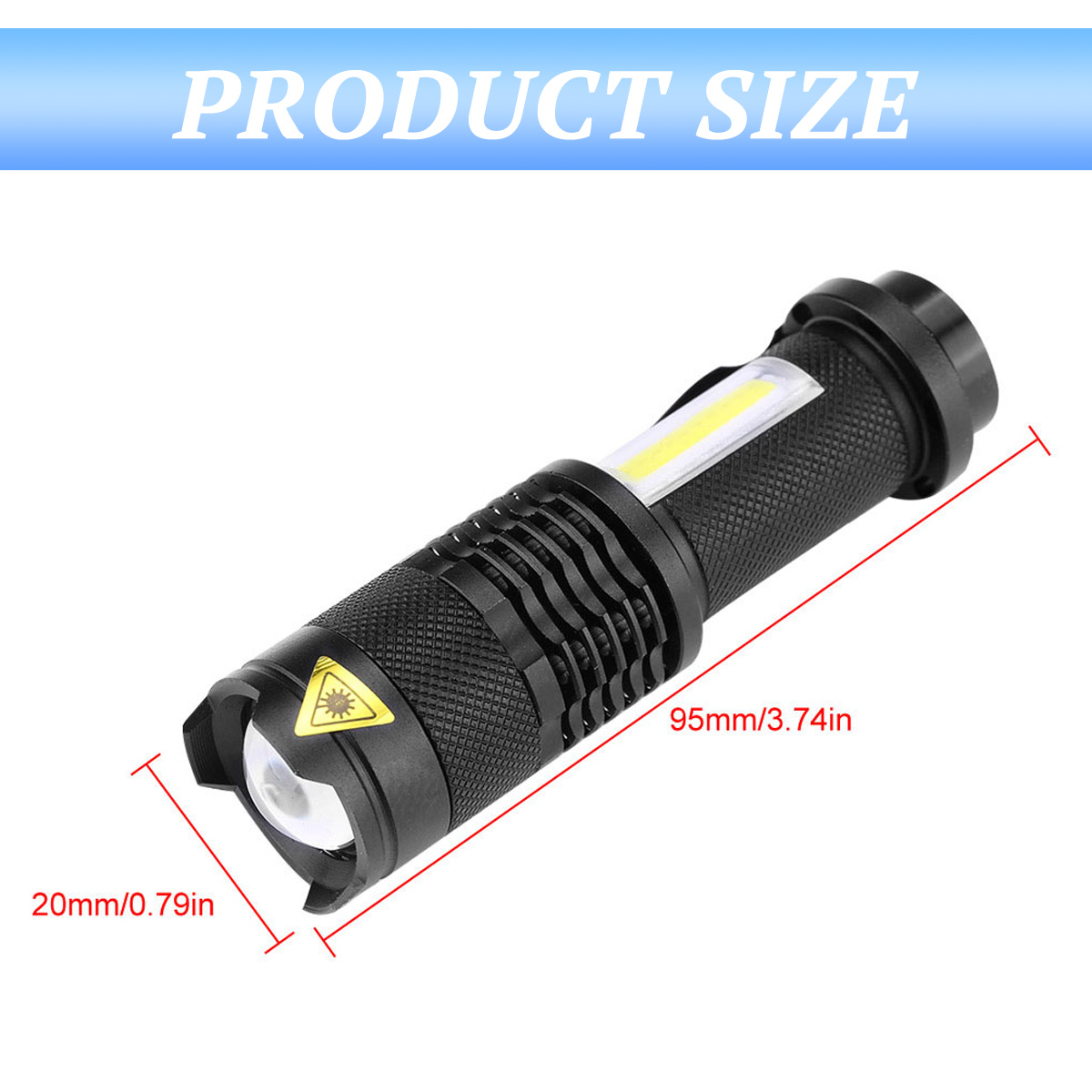 Schwarze LED-Taschenlampe mit Größenangaben: 95mm Länge und 20mm Durchmesser.