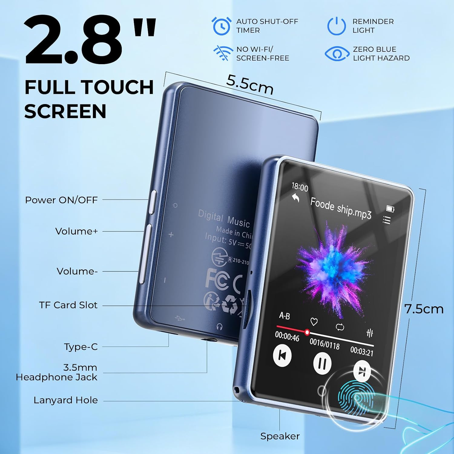 Ein blauer MP3-Player mit 2,8-Zoll-Touchscreen, physischen Tasten, Abmessungen und Musik-Wiedergabeoberfläche.