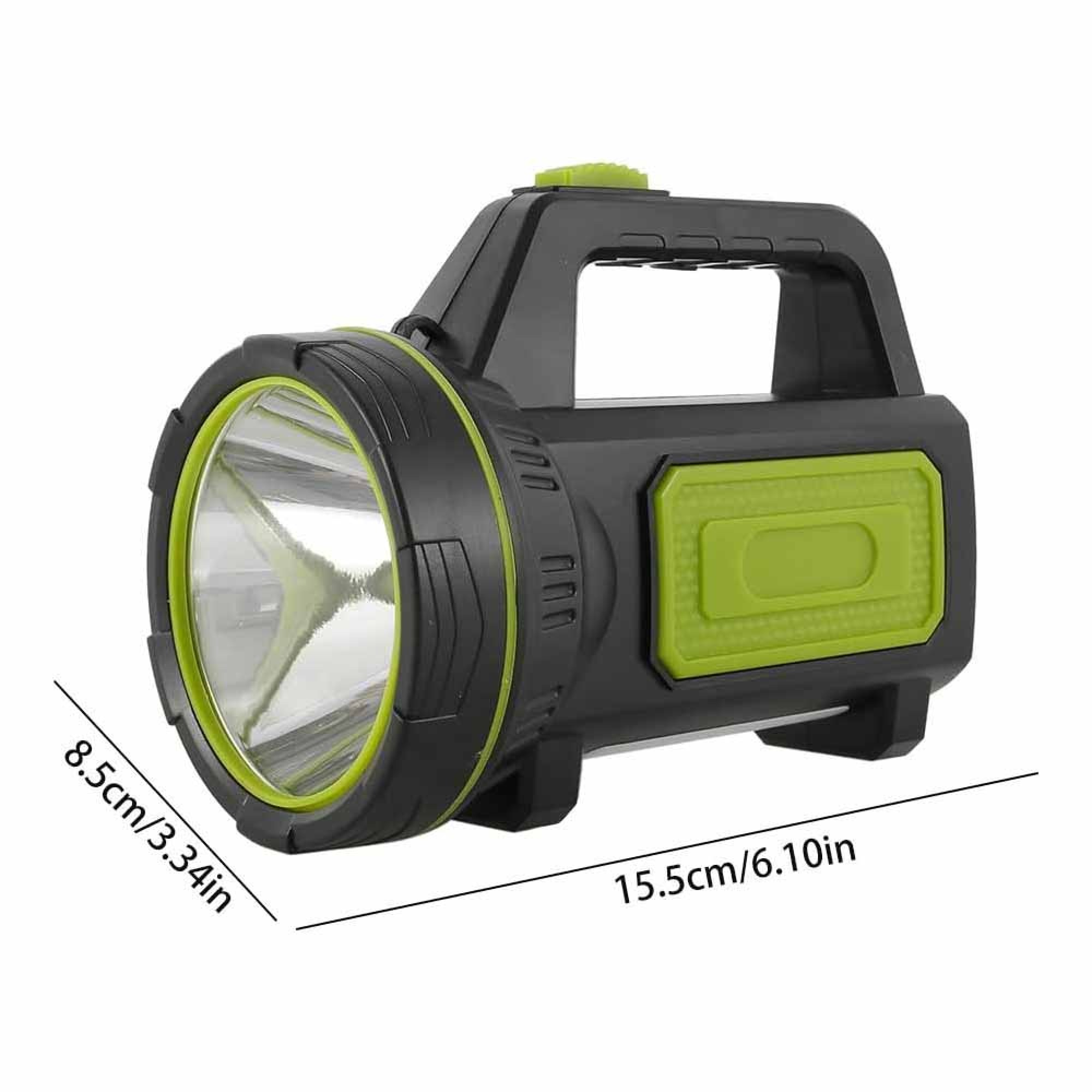 Eine schwarze und grüne Handlampe mit Maßen von 8.5cm und 15.5cm auf weißem Hintergrund.