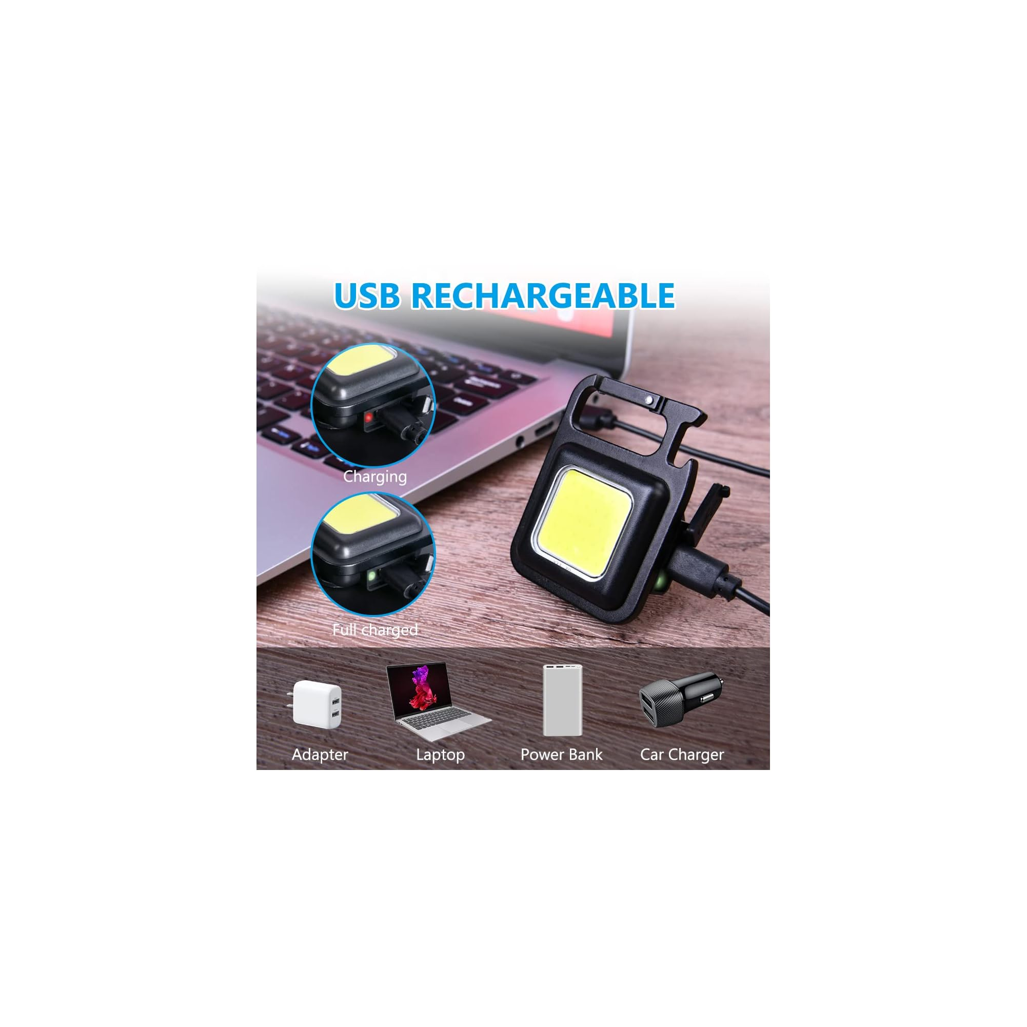 USB-aufladbare COB-Arbeitsleuchte mit Ladeanzeige, verbunden mit verschiedenen USB-Geräten.