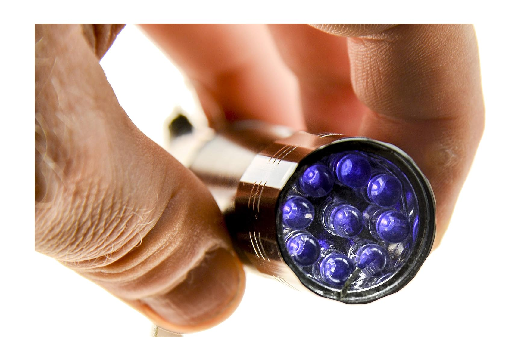 Eine Hand hält eine kleine silberne Taschenlampe mit neun leuchtenden violetten UV-LEDs.
