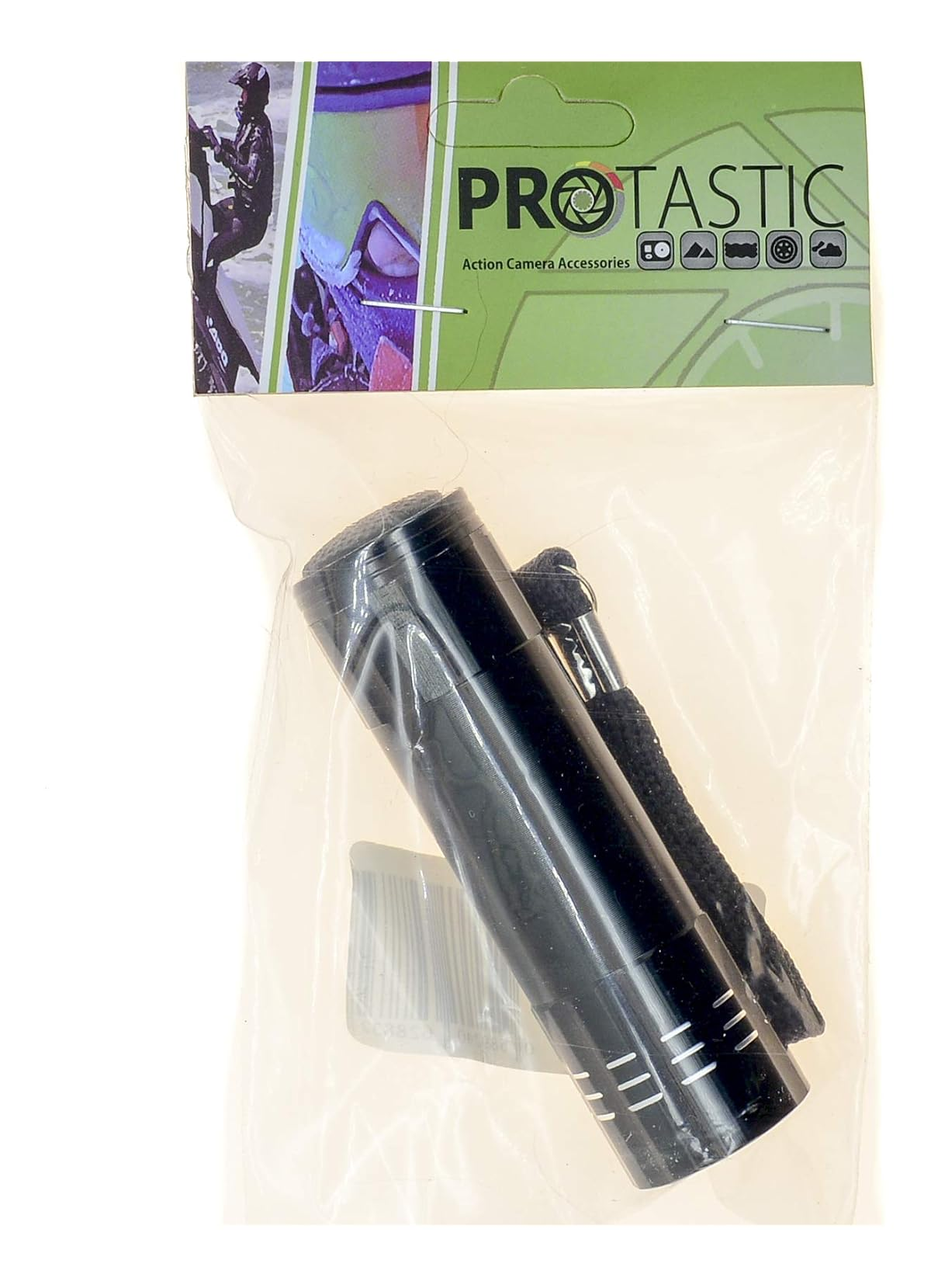 Eine schwarze Mini-Taschenlampe mit einer Handschlaufe in einer verpackten Tüte mit Protastic-Label.