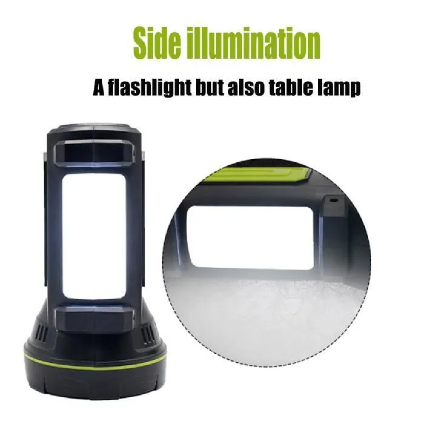 Eine schwarze Lampe mit Seitenbeleuchtung, die als Taschenlampe und Tischlampe dient.