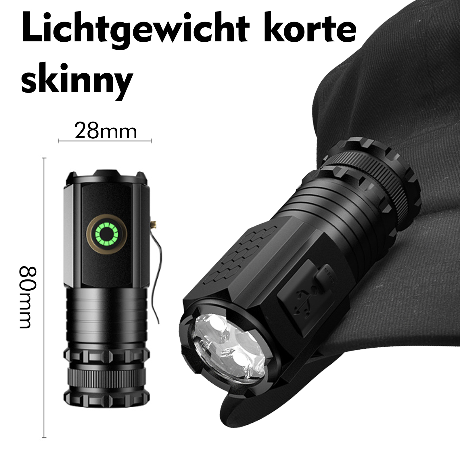 Kompakte schwarze Taschenlampe mit Maßen, an eine Kappe geklipst, mit Text.