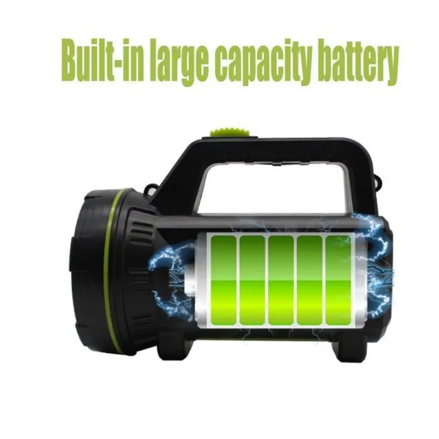 Schwarze Taschenlampe mit grünem Griff und einer großen Batterie im Inneren, umgeben von elektrischen Funken.