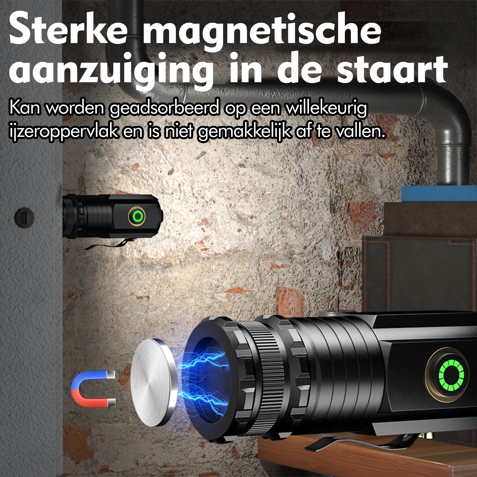 Starke Magnete am Taschenlampenende haften an Eisenoberflächen.