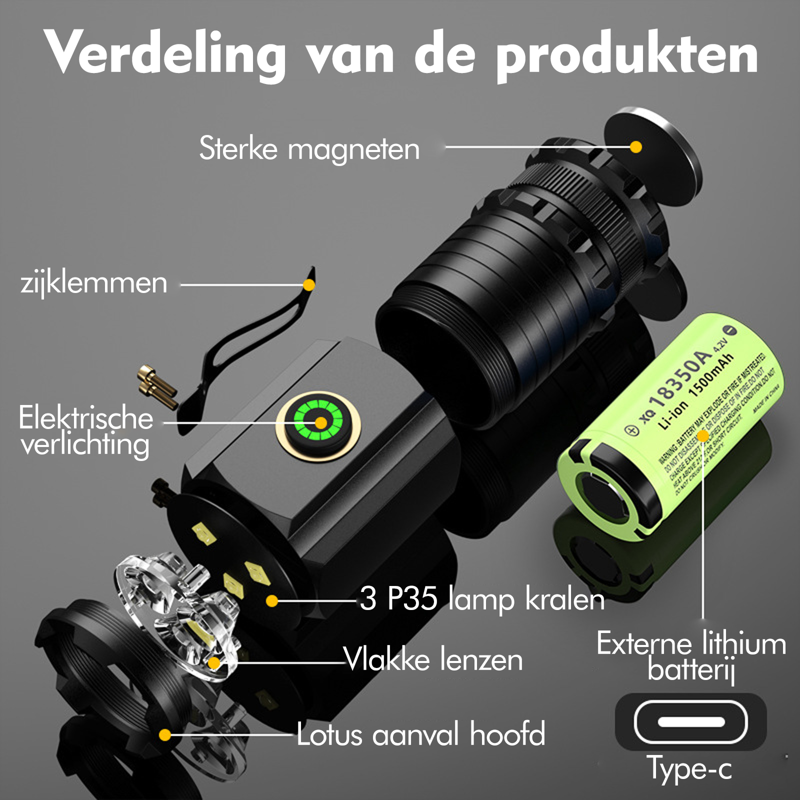 Explosionszeichnung einer schwarzen Taschenlampe mit Teilen wie Gehäuse, Akku, LEDs und Linse.