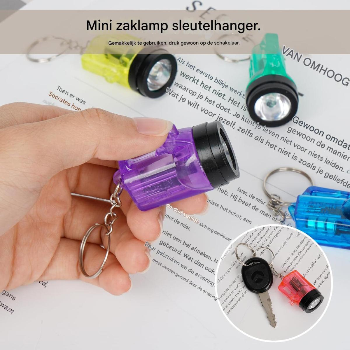 Eine Hand hält eine lila Mini-Taschenlampen-Schlüsselanhänger über eine Textseite, weitere farbige Taschenlampen im Hintergrund.