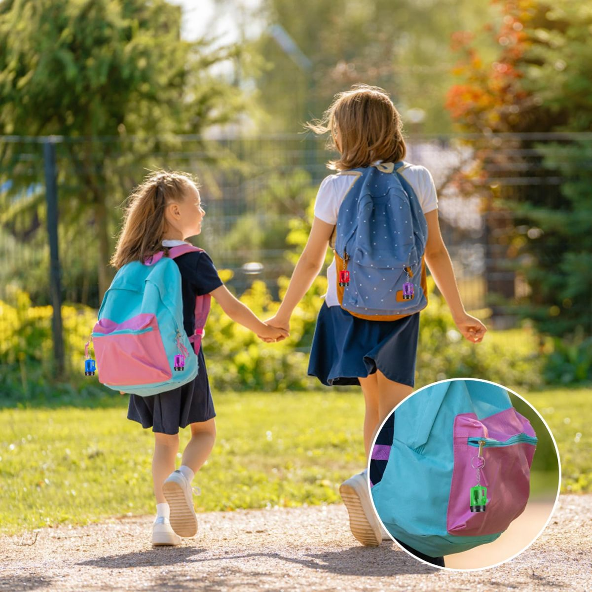 Zwei junge Mädchen mit Schulrucksäcken halten Händchen und gehen draußen spazieren.