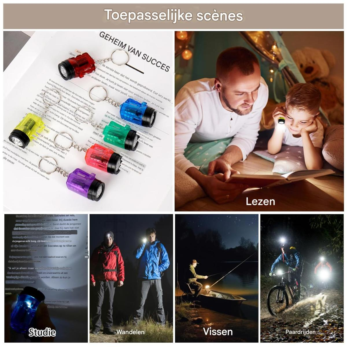 Eine Mini-Taschenlampe am Schlüsselring zeigt verschiedene Einsatzszenarien wie Lesen, Wandern und Angeln.