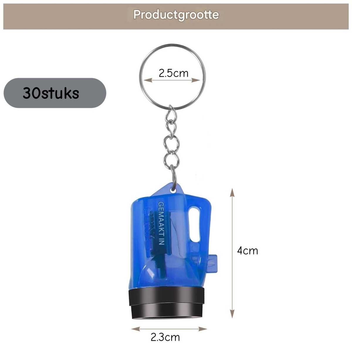 Blauer Schlüsselanhänger in Kanisterform mit Maßen: 2,5 cm Ring, 4 cm Höhe und 2,3 cm Breite. Packung mit 30 Stück.