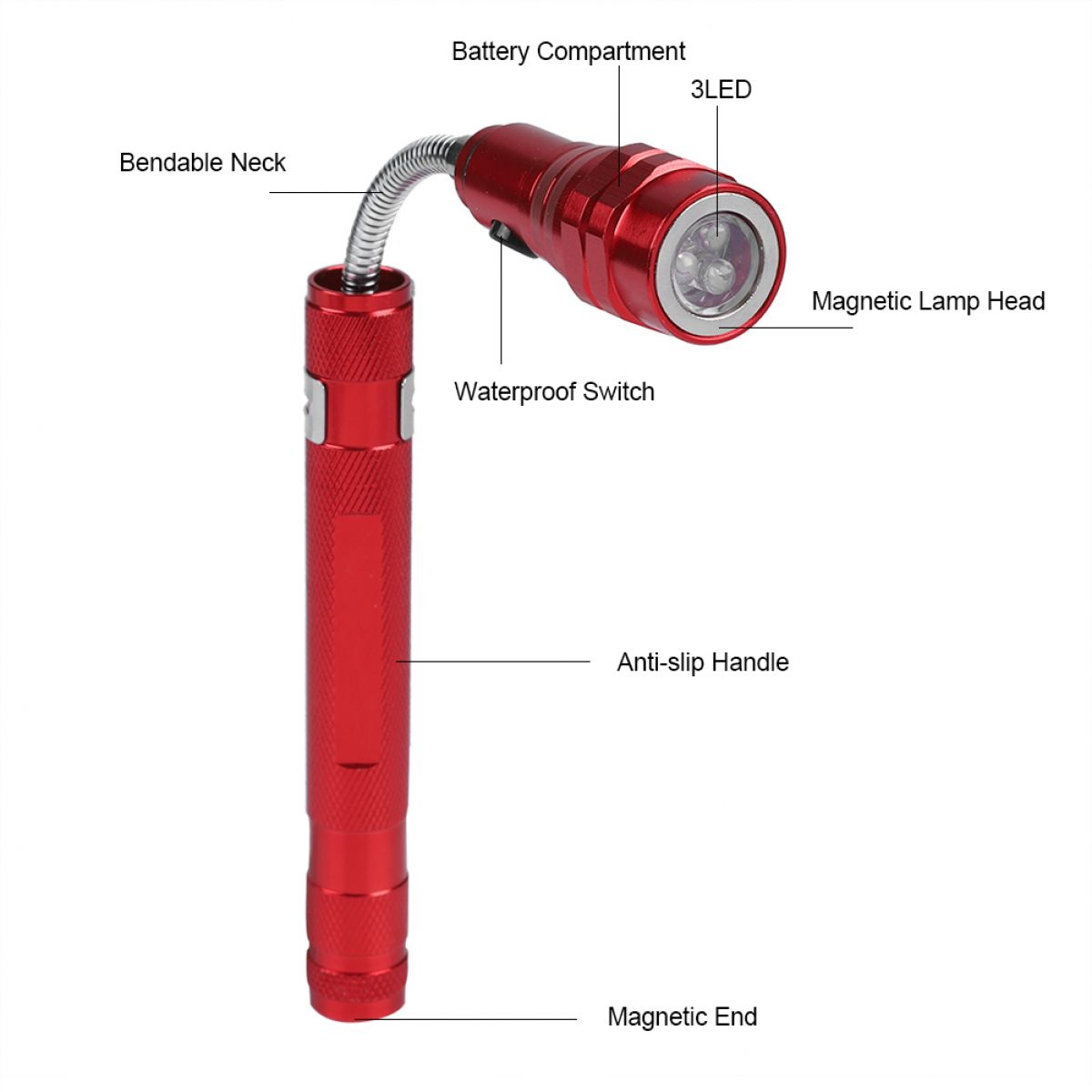 Rote LED-Taschenlampe mit biegsamem Hals, magnetischem Kopf und Ende sowie rutschfestem Griff.