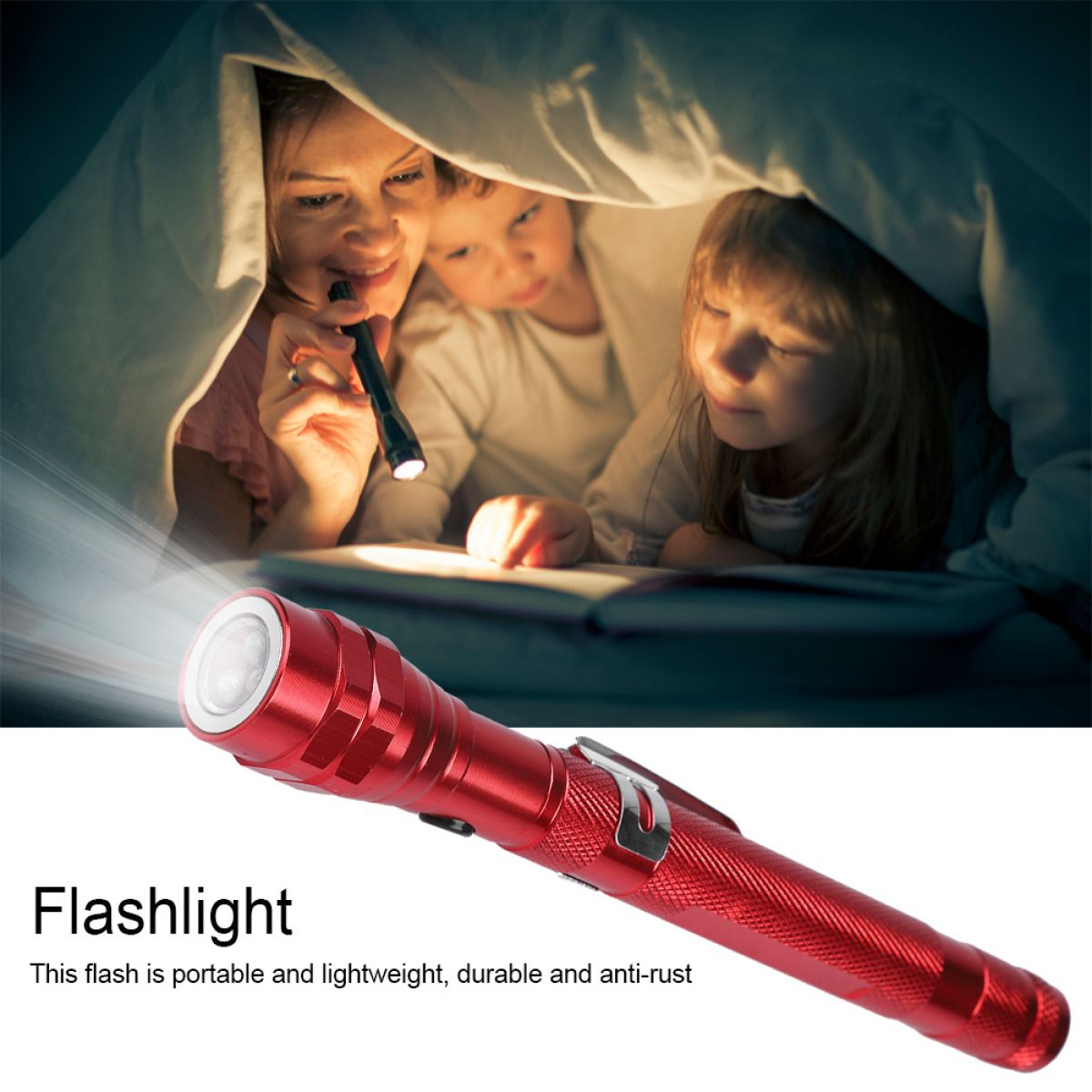Eine rote Taschenlampe ist im Vordergrund abgebildet, während im Hintergrund eine Mutter mit zwei Kindern unter einer Decke liest.