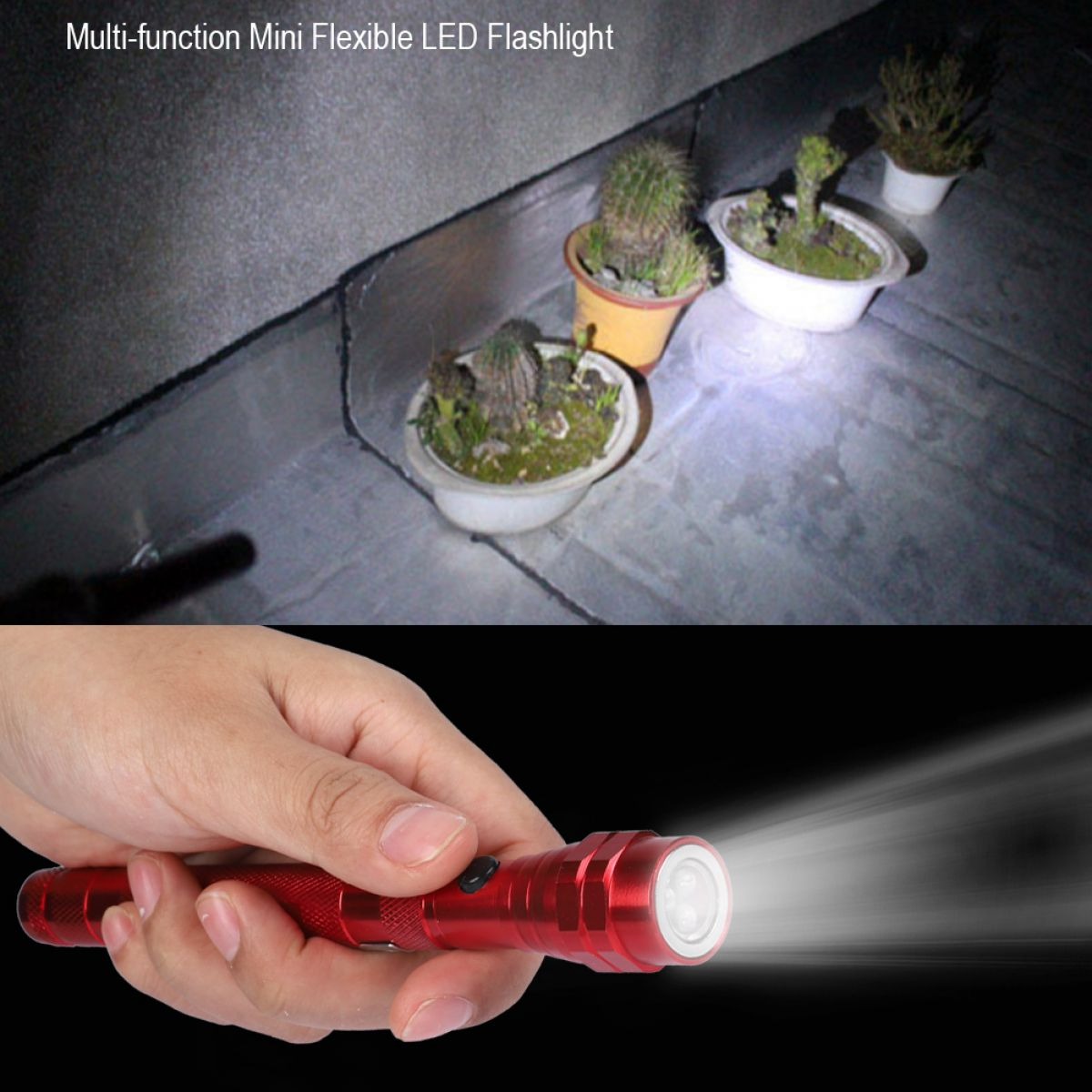 Eine Hand hält eine rote Taschenlampe, die einen hellen Lichtstrahl auf kleine Topfpflanzen wirft.