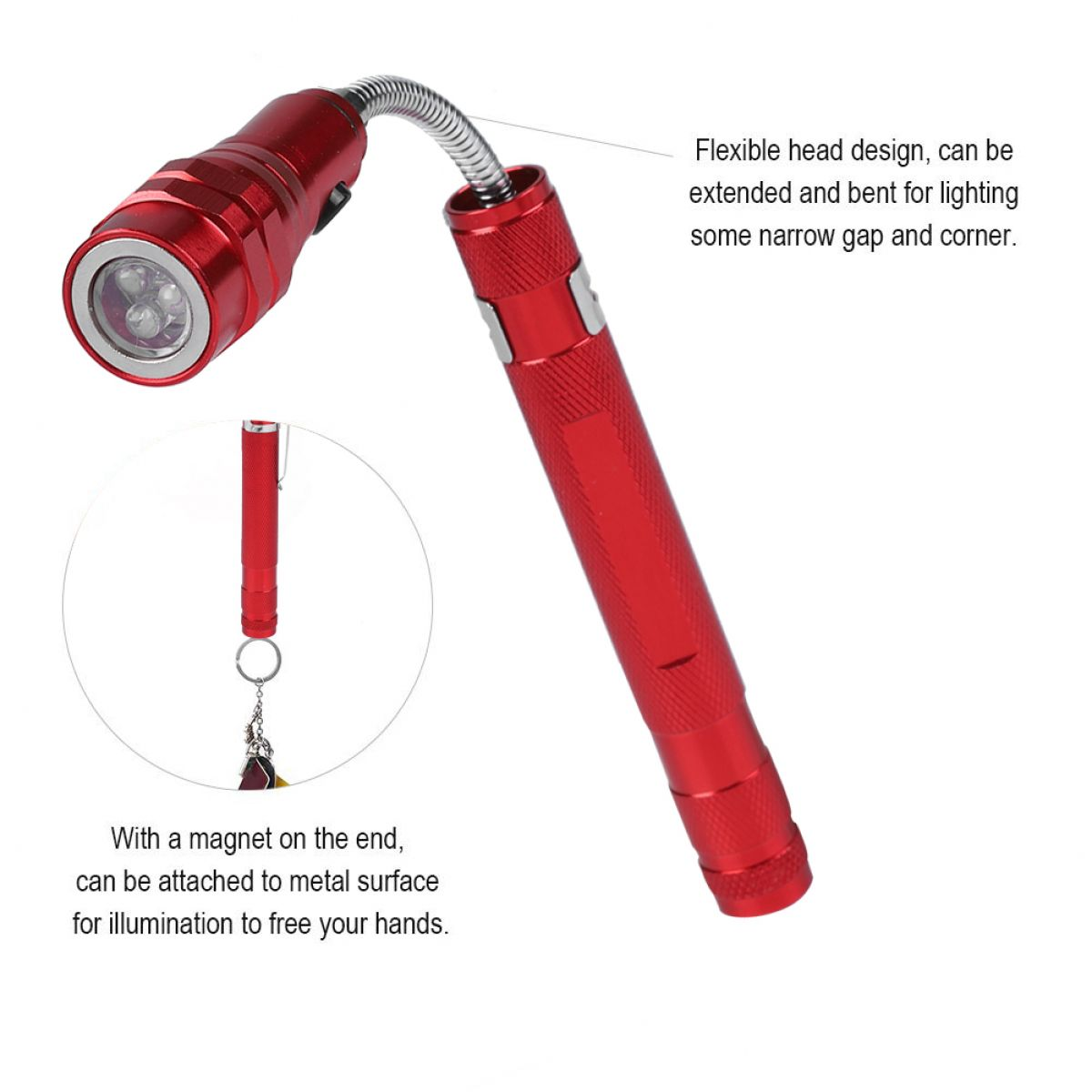 Rote Taschenlampe mit flexiblem Hals und Magnet am Ende für freihändige Nutzung.