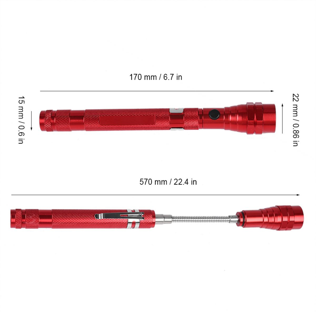 Rote Teleskop-Taschenlampe mit Größenangaben in Millimetern und Zoll auf weiÃŸem Hintergrund.