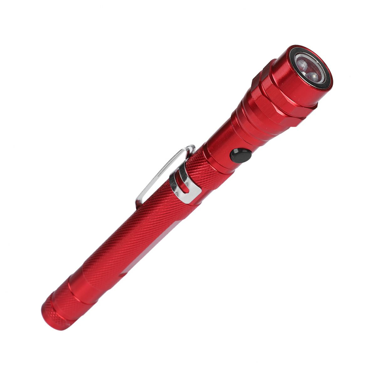 Eine kompakte, leuchtend rote LED-Taschenlampe mit einem silbernen Taschenclip auf weißem Hintergrund.