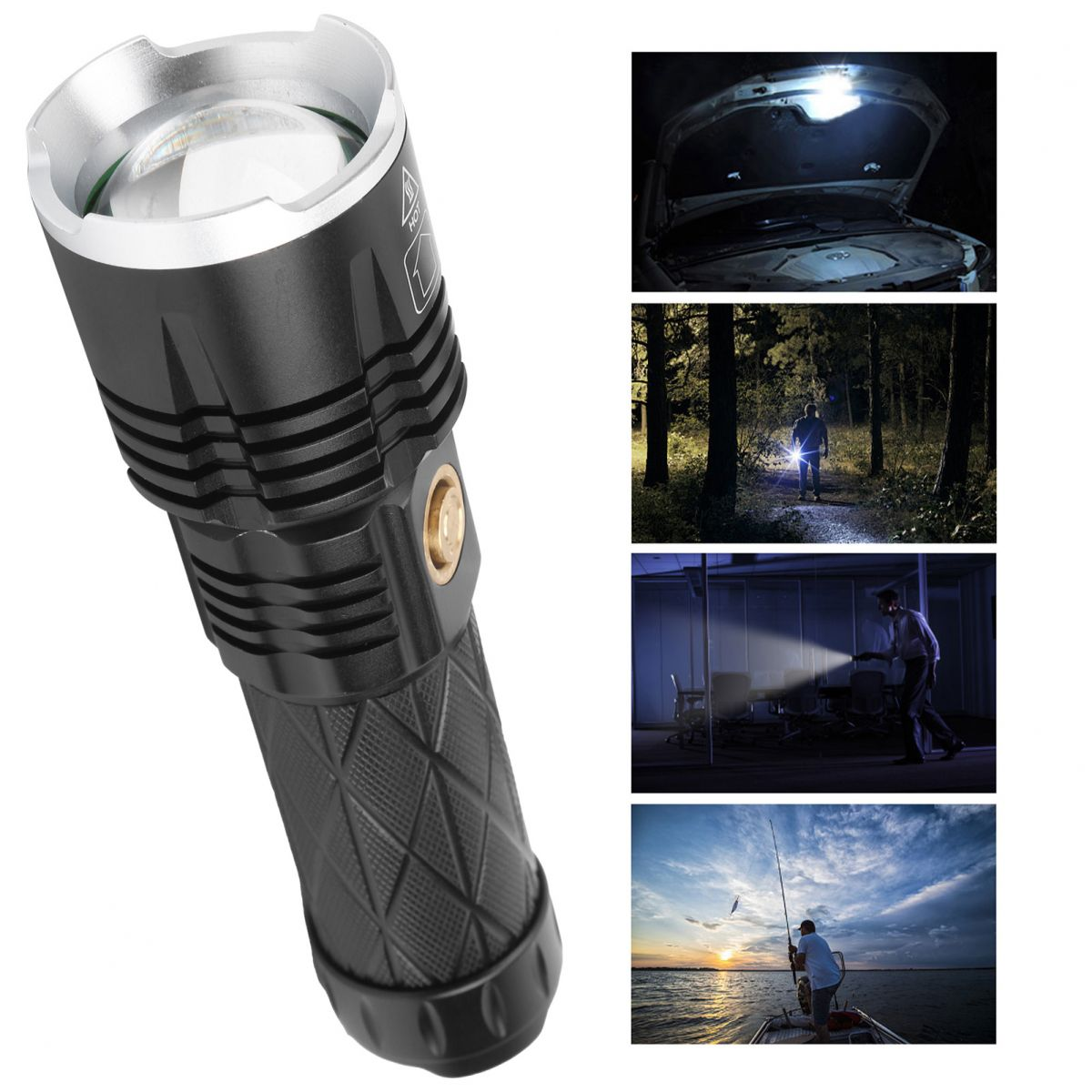 Schwarze LED-Taschenlampe mit Zoomkopf, gezeigt mit Anwendungsfotos darunter.