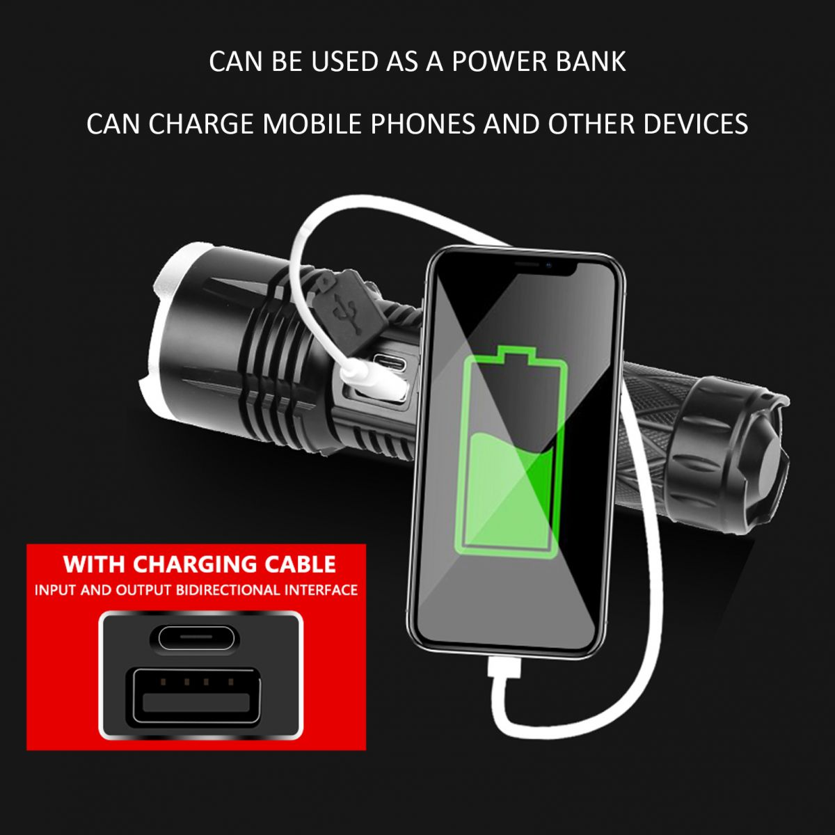 Eine schwarze Taschenlampe lädt ein Smartphone mit einem weißen Kabel auf, Text oben und im roten Kasten.