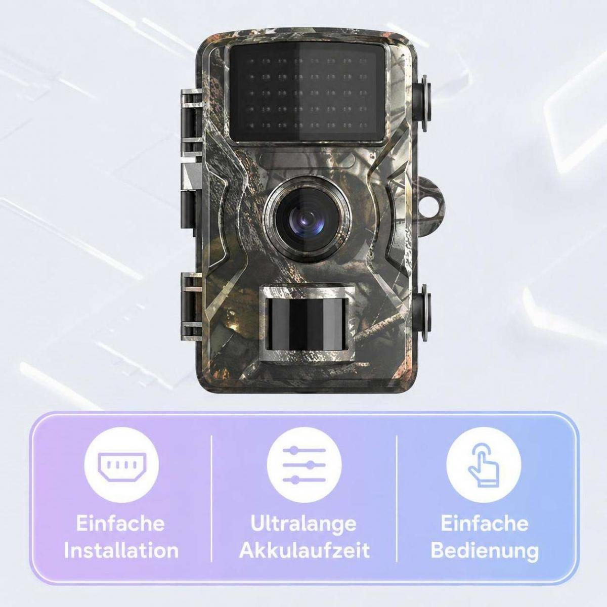 Getarnte Wildkamera mit IR-LEDs, Kameraobjektiv und Sensor sowie drei Icons für Installation, Akku und Bedienung.