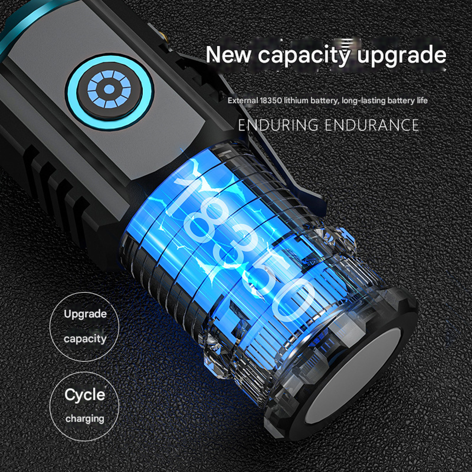 Eine schwarze Taschenlampe mit blau leuchtender Batterie, Text und Symbolen auf schwarzem Hintergrund.