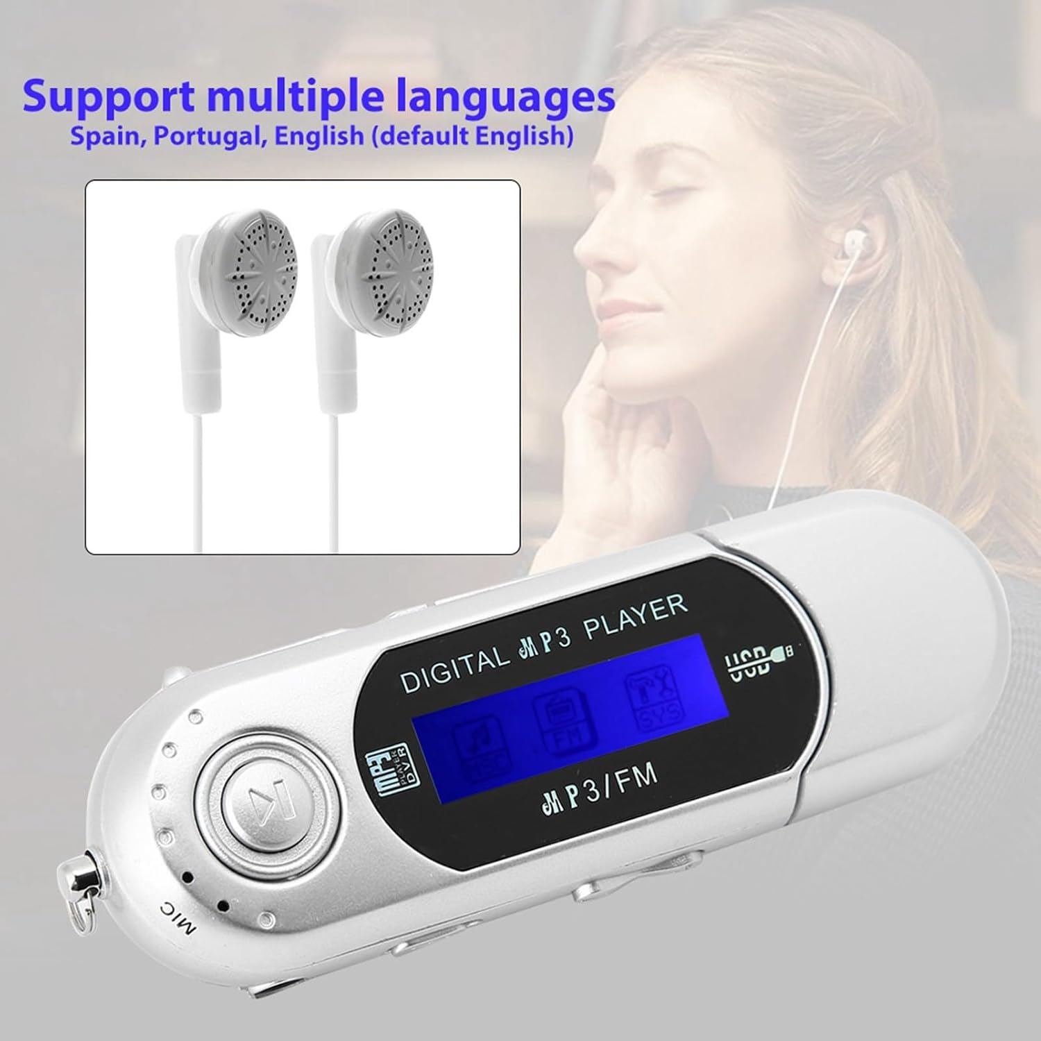 Ein silberner MP3-Player mit blauem Display, weißen Kopfhörern und einer Frau im Hintergrund.