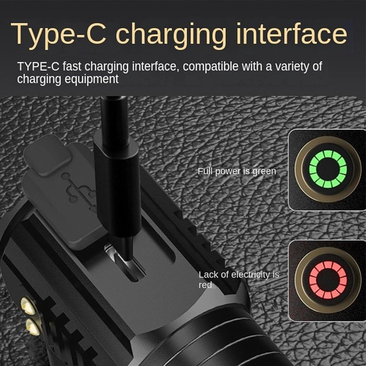 Nahaufnahme eines USB-C Ladeanschlusses an einem schwarzen Gerät, mit grüner und roter LED-Statusanzeige.