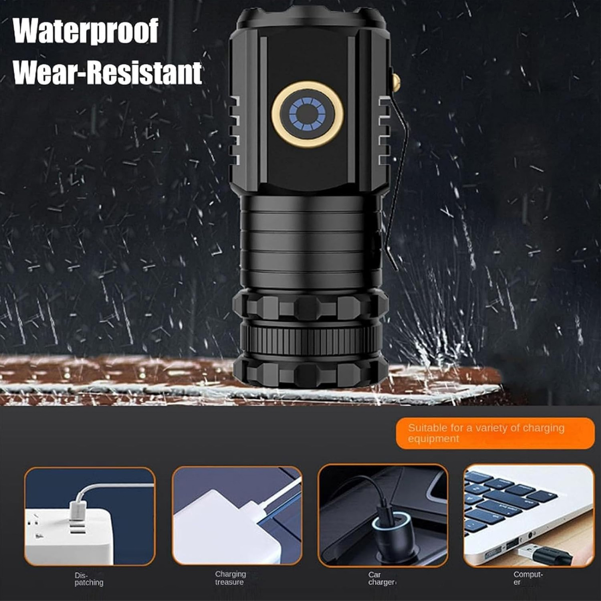 Wasserdichte, verschleißfeste schwarze Taschenlampe mit verschiedenen Ladeoptionen.