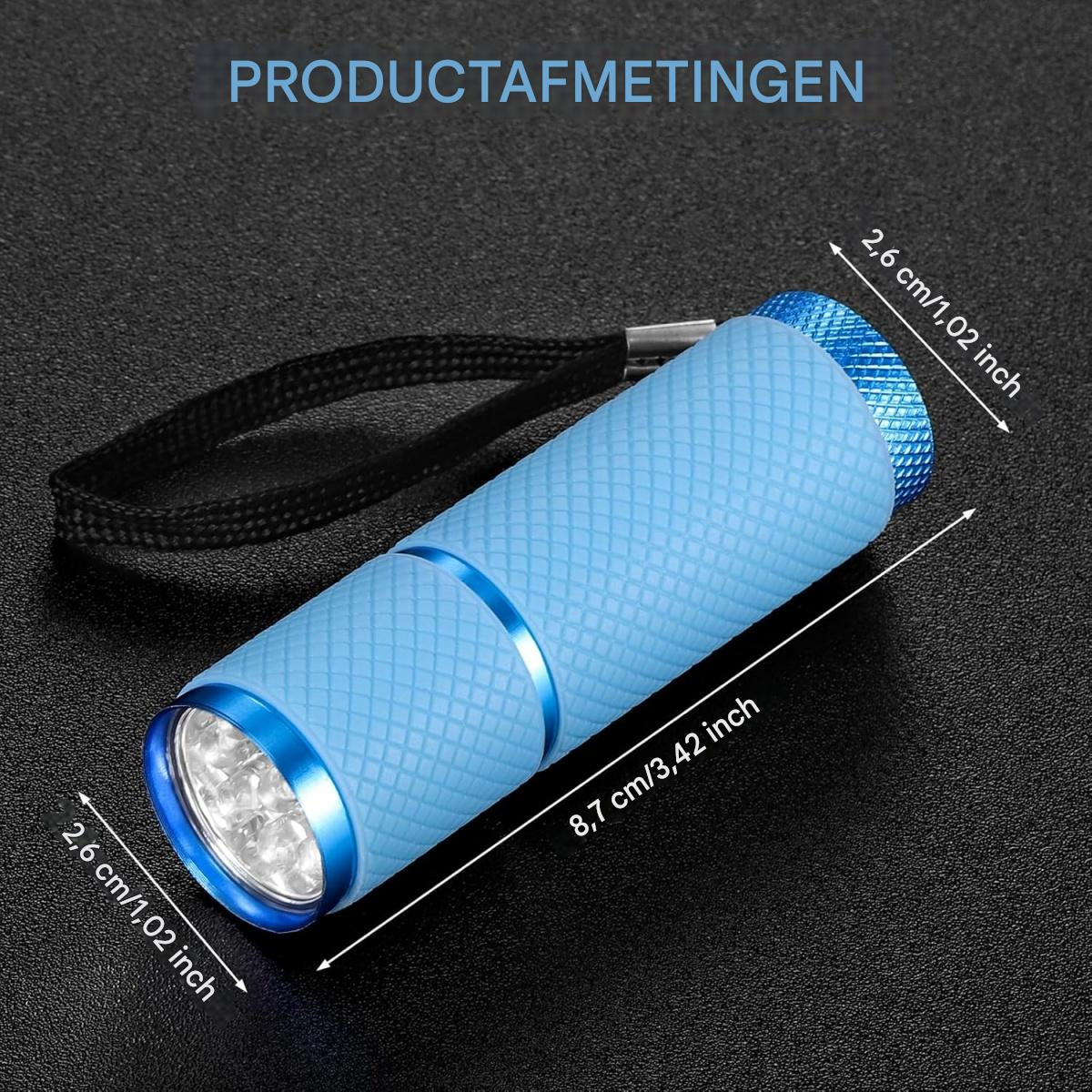 Blaue Mini-Taschenlampe mit Umhängeband und Maßen in Zentimetern und Zoll.