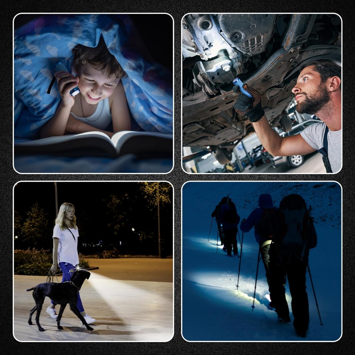 Vier Szenen mit Taschenlampen: Kind liest im Bett, Mechaniker am Auto, Frau geht mit Hund, Wanderer im Schnee.