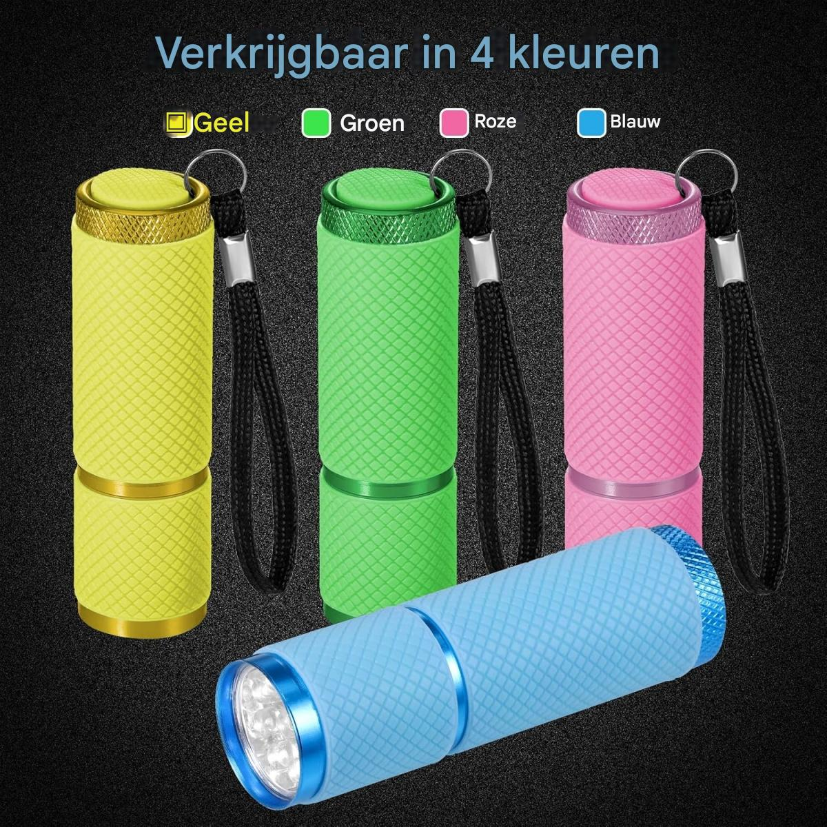 Vier kleine Taschenlampen in Gelb, Grün, Pink und Blau mit schwarzen Trageschlaufen vor dunklem Hintergrund.
