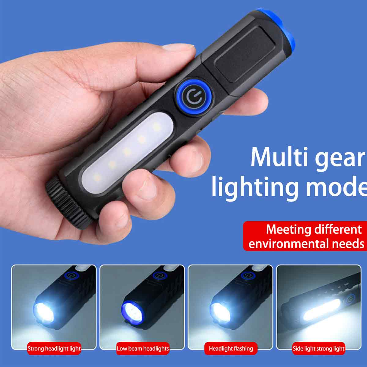 Hand hält eine schwarze Taschenlampe mit blauen Akzenten, darunter vier kleine Bilder mit verschiedenen Lichtmodi.