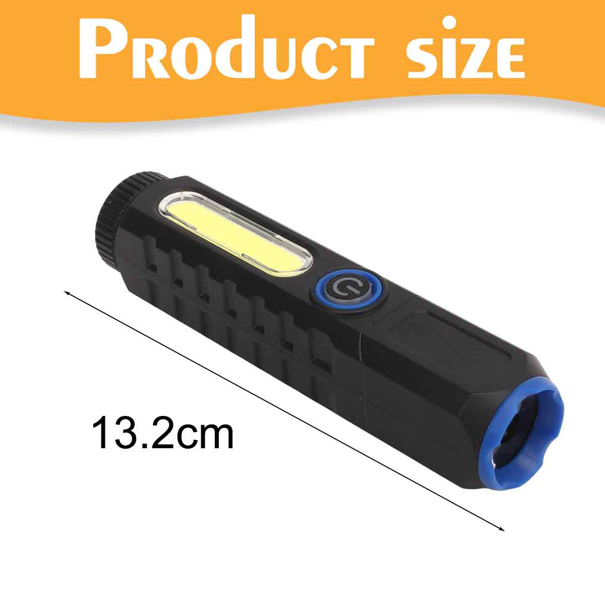 Eine schwarze Taschenlampe mit blauem Akzent und 13,2 cm Größenangabe.