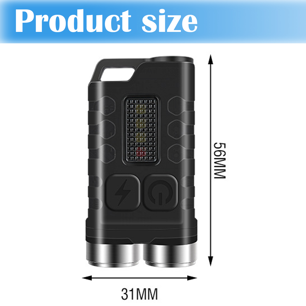 Produktgröße: Schwarze Taschenlampe, 56 mm hoch und 31 mm breit.