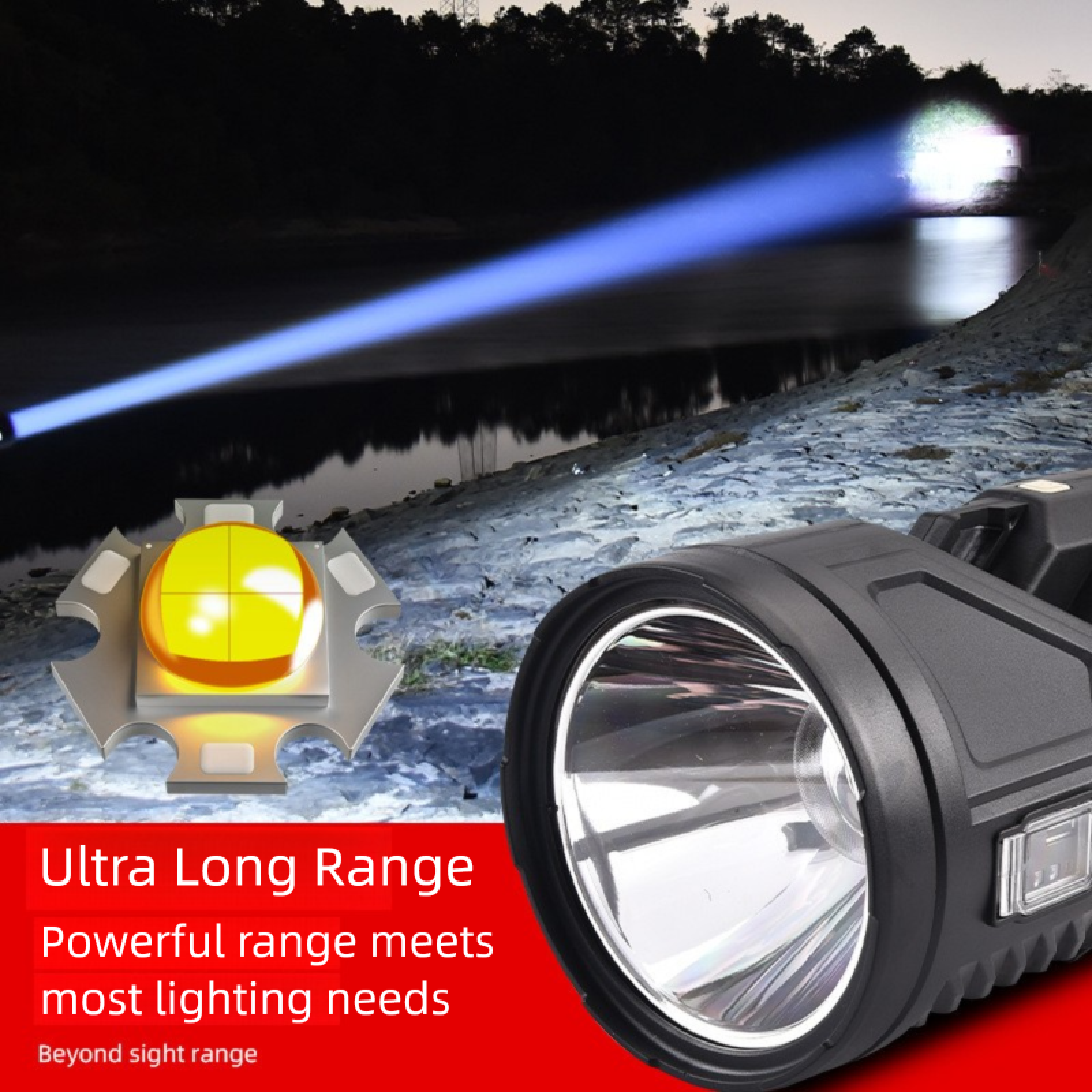 Eine schwarze Taschenlampe im Vordergrund, eine LED-Einheit und ein starker Lichtstrahl im Hintergrund über einem Fluss.