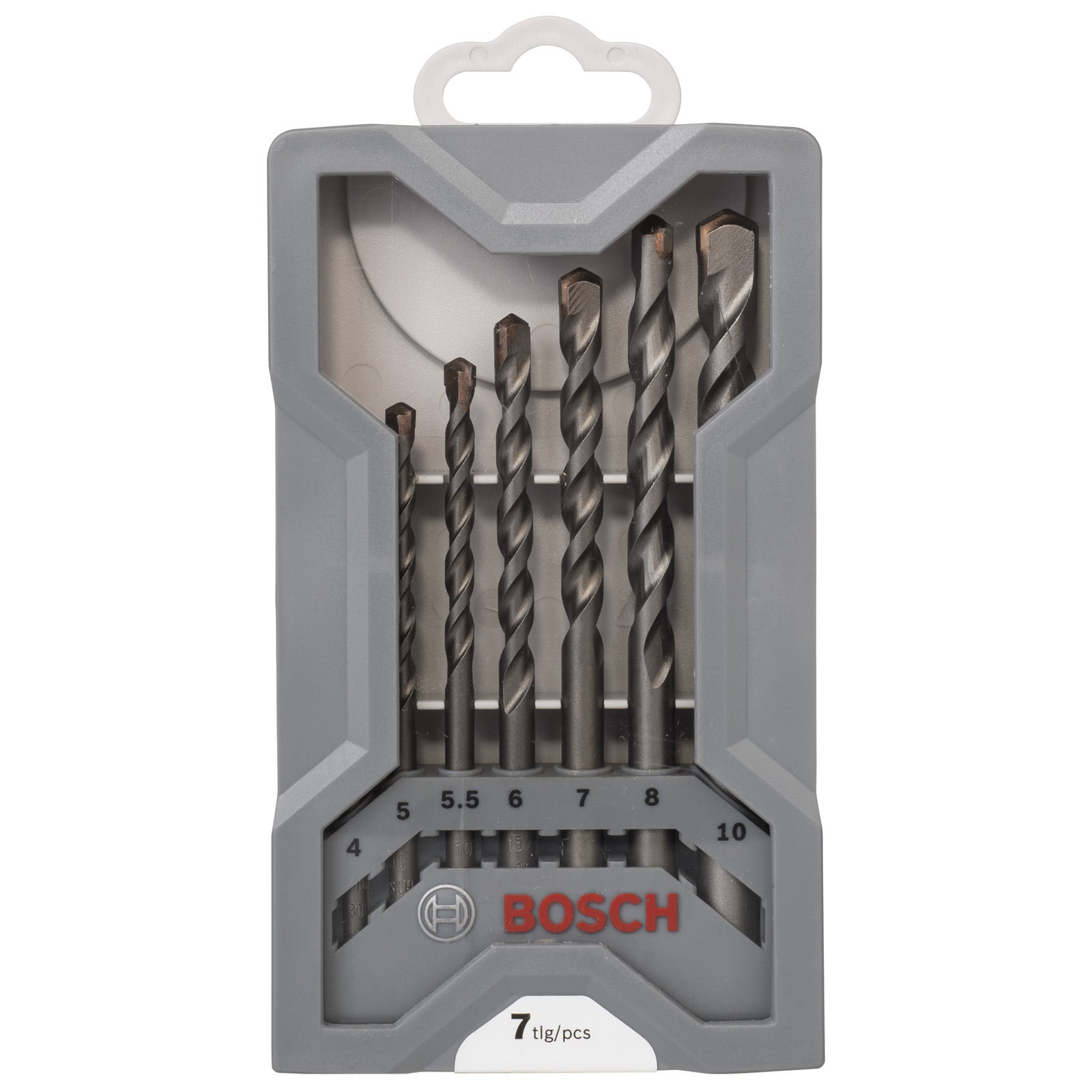 Set di sette punte da trapano Bosch in custodia di plastica grigia, misure 4-10.