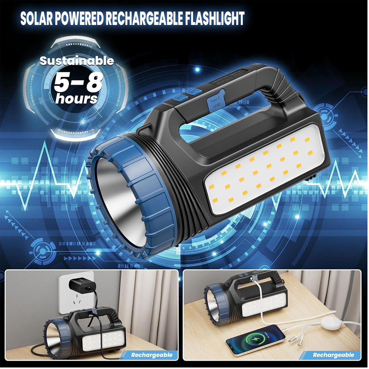 Solarbetriebene, wiederaufladbare Taschenlampe mit LED-Seitenlicht und USB-Ladefunktion auf blauem Hintergrund.