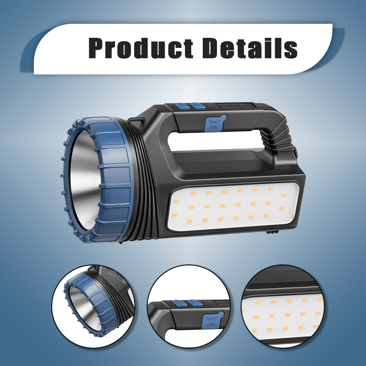 Schwarze und blaue LED-Taschenlampe mit grossem Reflektor, integrierten LED-Seitenleuchten und USB-C-Anschluss.