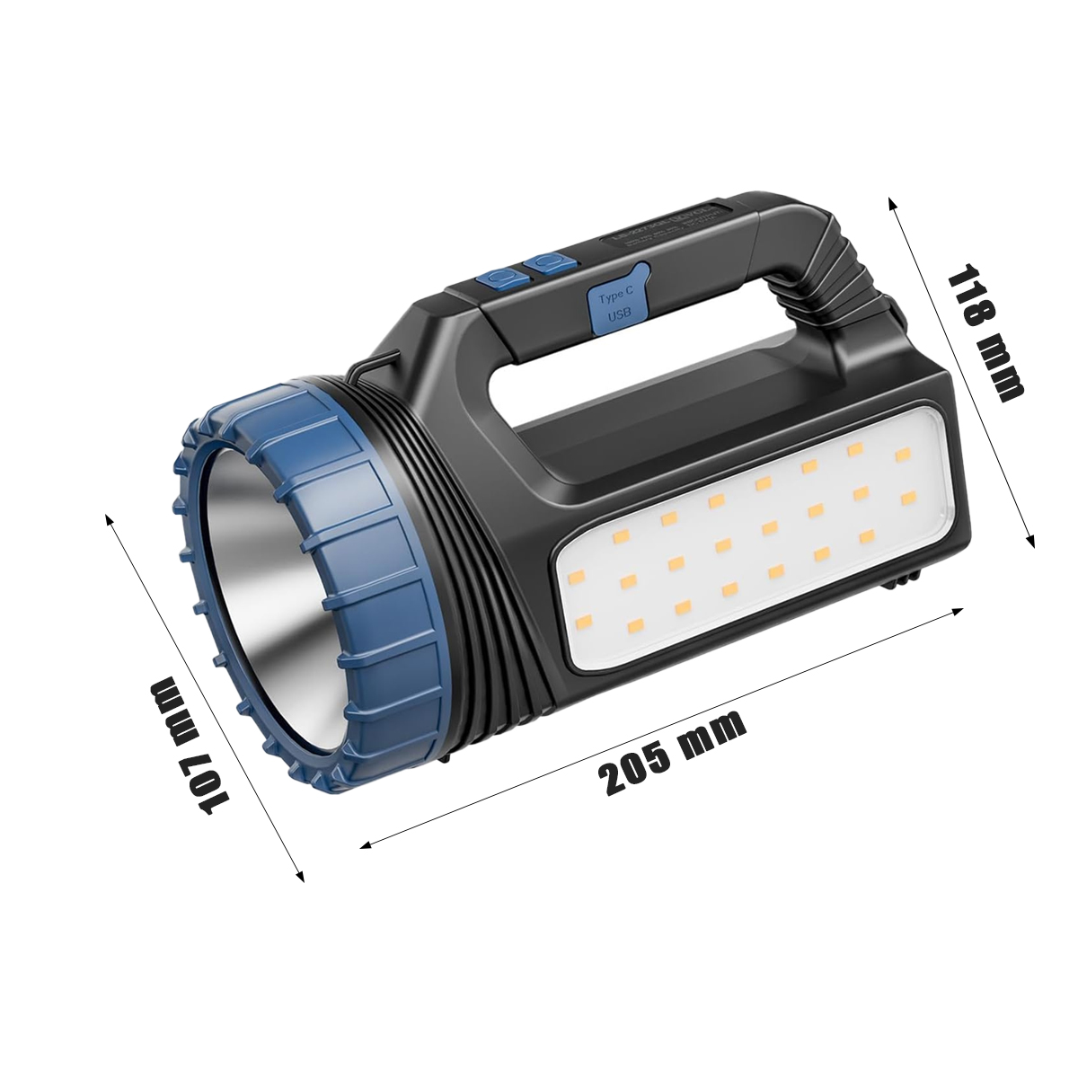 Schwarze und blaue LED-Suchlampe mit Maßen von 205x107x118 mm.
