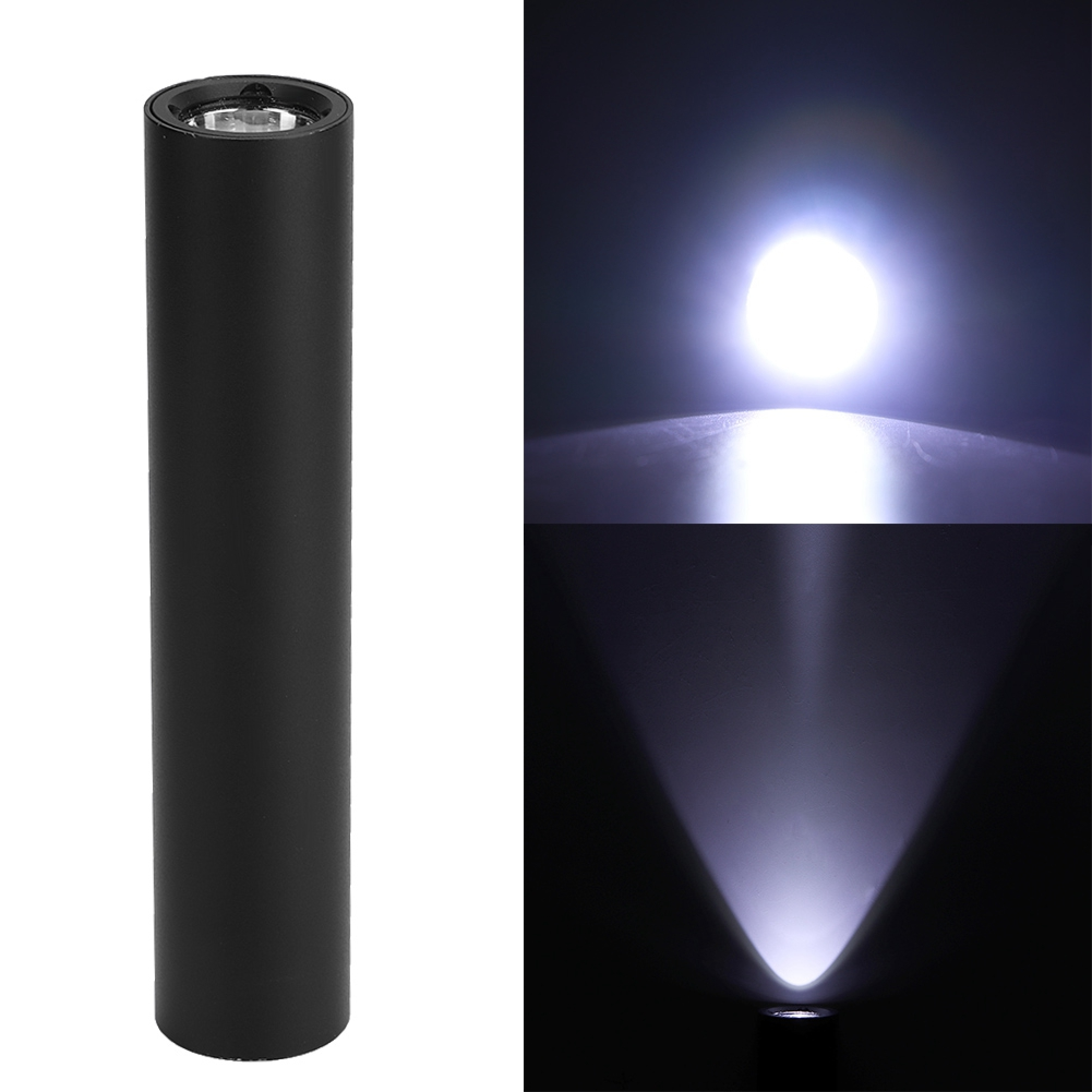 Ein zylindrischer schwarzer LED-Strahler zeigt Lichtstrahlen in zwei dunklen Ansichten.