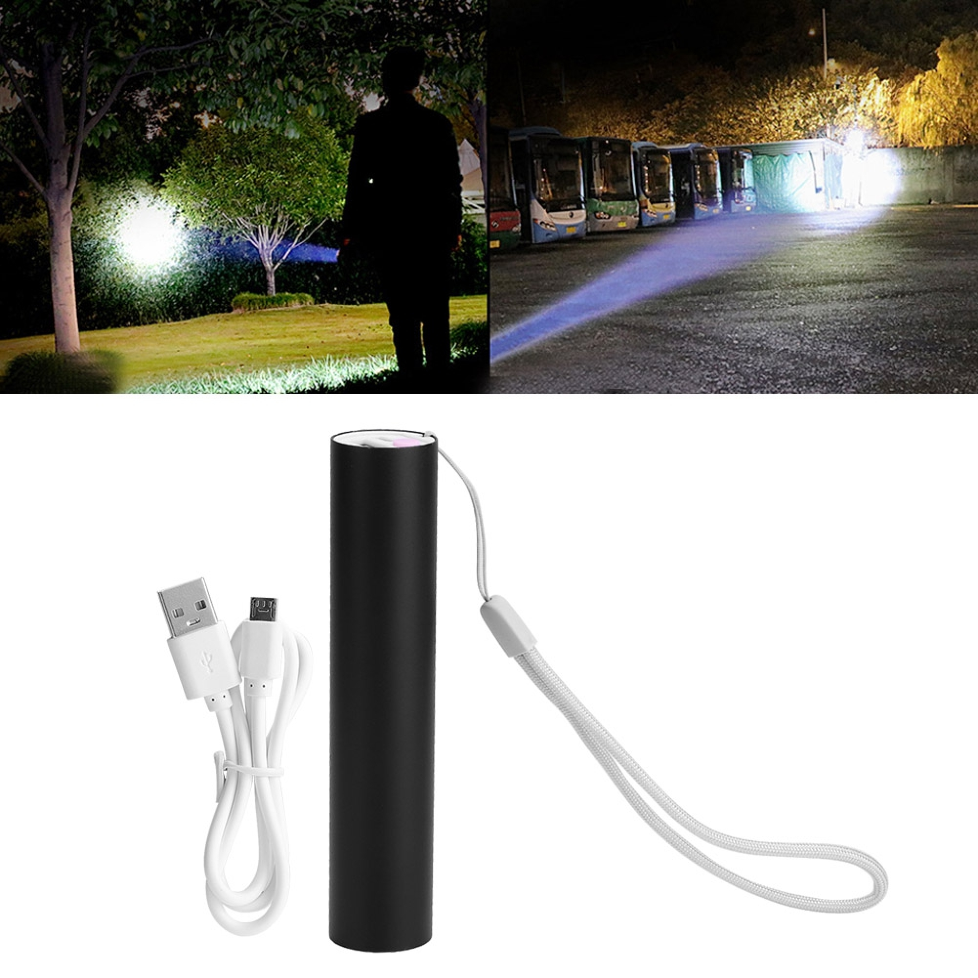 Eine zylindrische schwarze Taschenlampe mit einer weißen Halteschlaufe und einem weißen USB-Ladekabel auf weißem Grund.