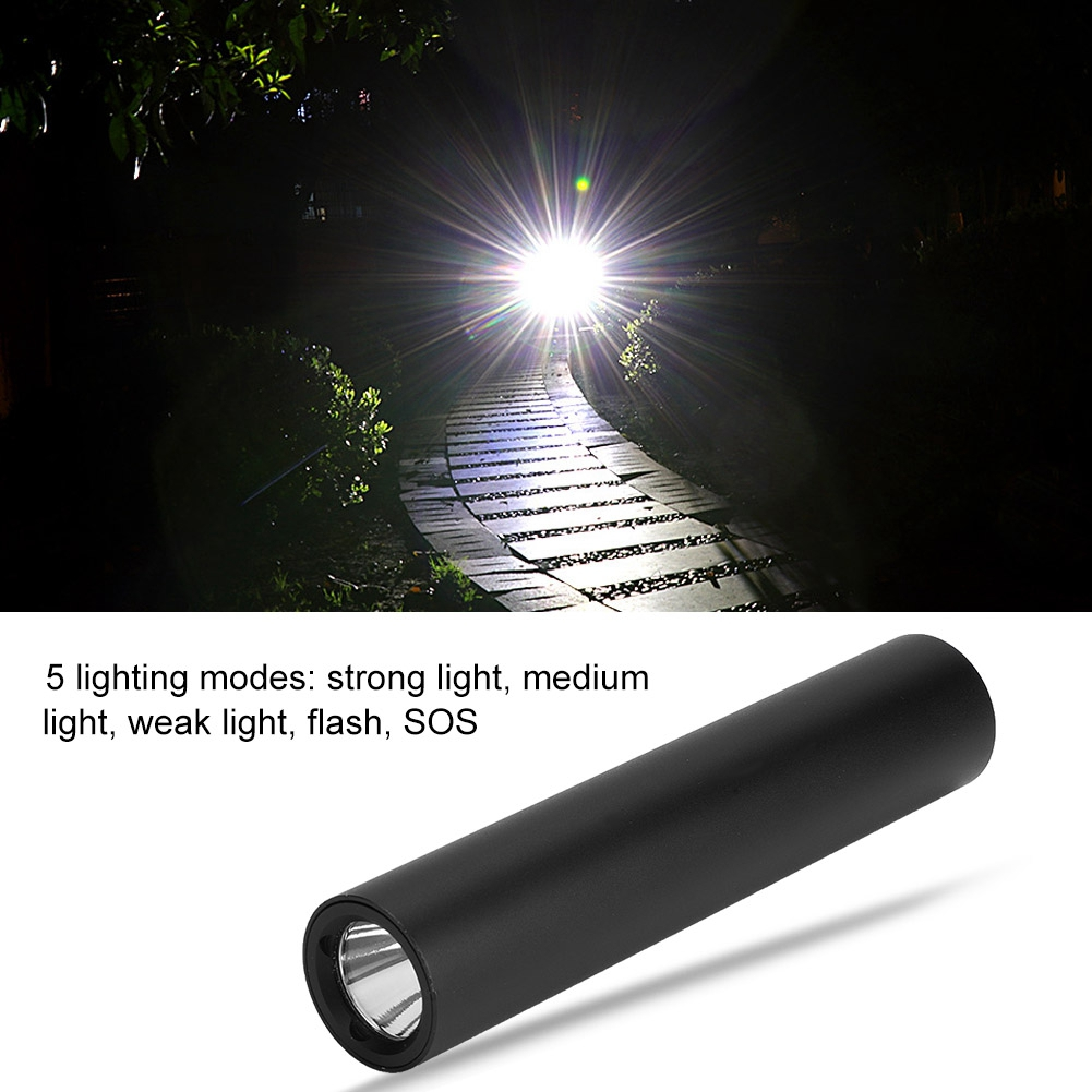 Eine schwarze Taschenlampe mit Text zu fünf Lichtmodi und ein Bild des hellen Lichts auf einem dunklen Weg.
