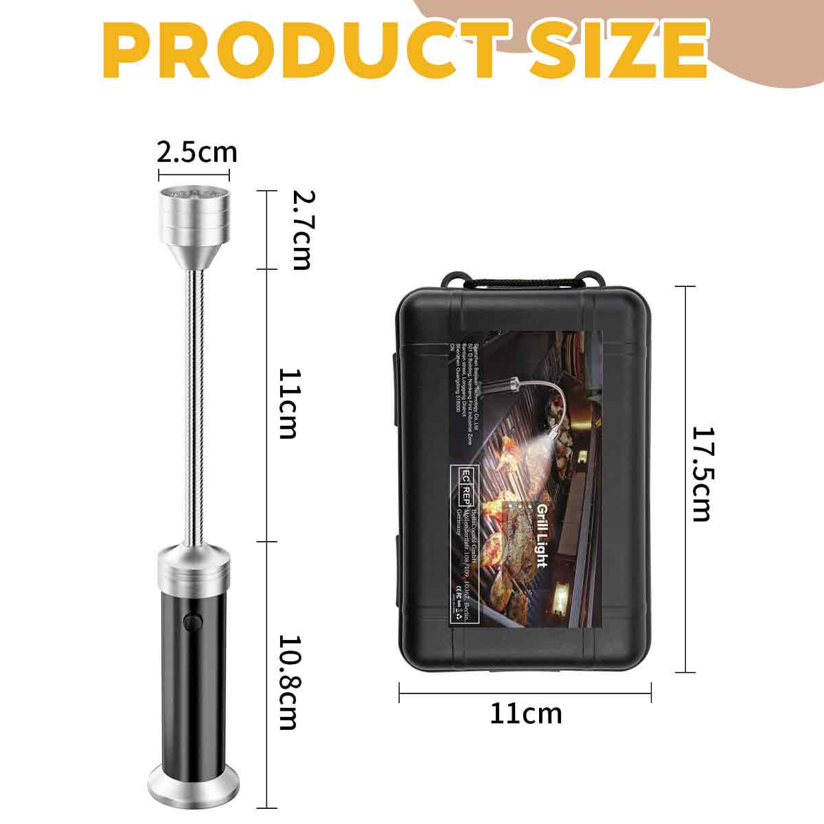 Produktabmessungen einer Grillbeleuchtung und ihrer Verpackung mit Maßangaben in Zentimetern.