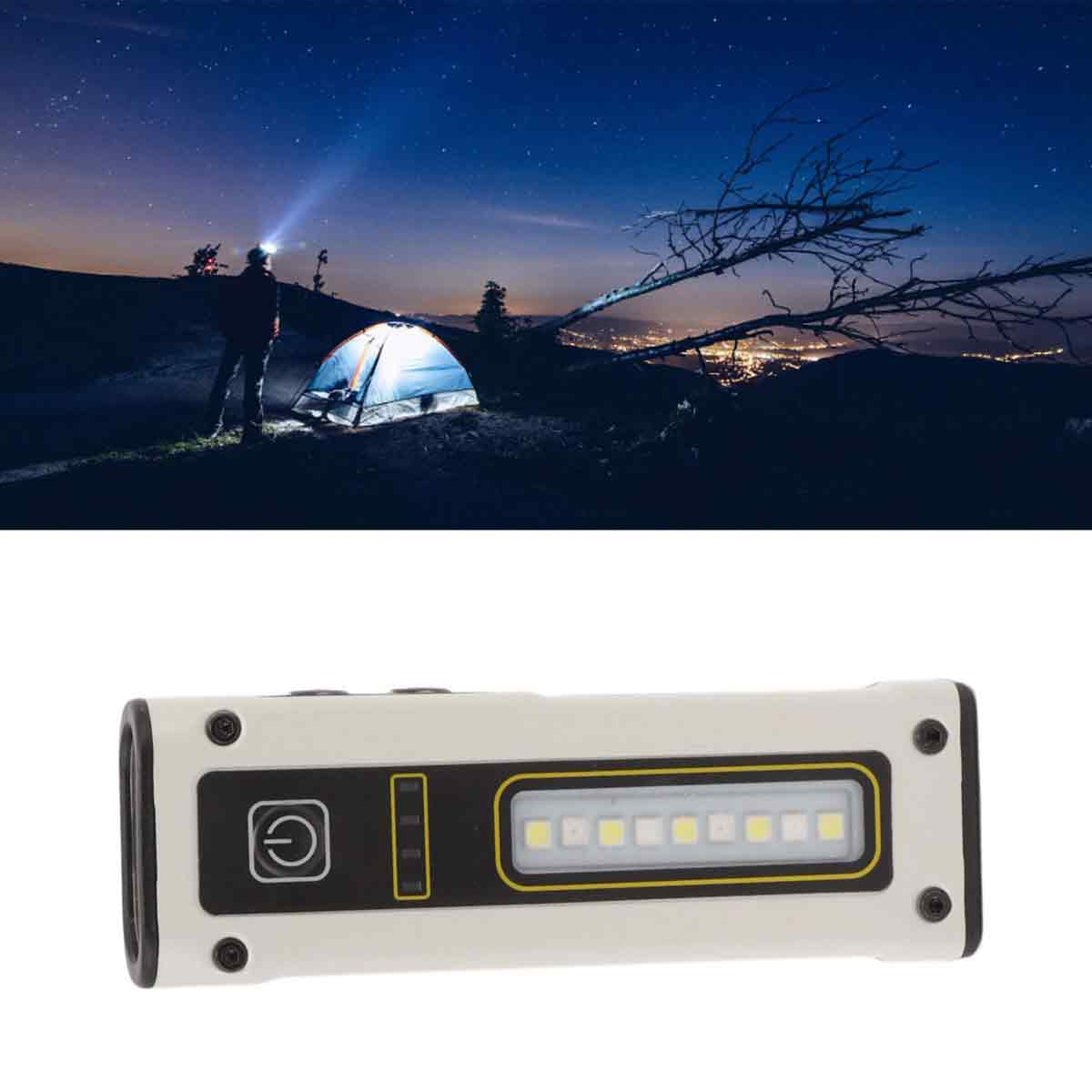Ein weißes tragbares LED-Arbeitslicht mit Ein-Aus-Schalter über einem Camping-Szenario bei Nacht.