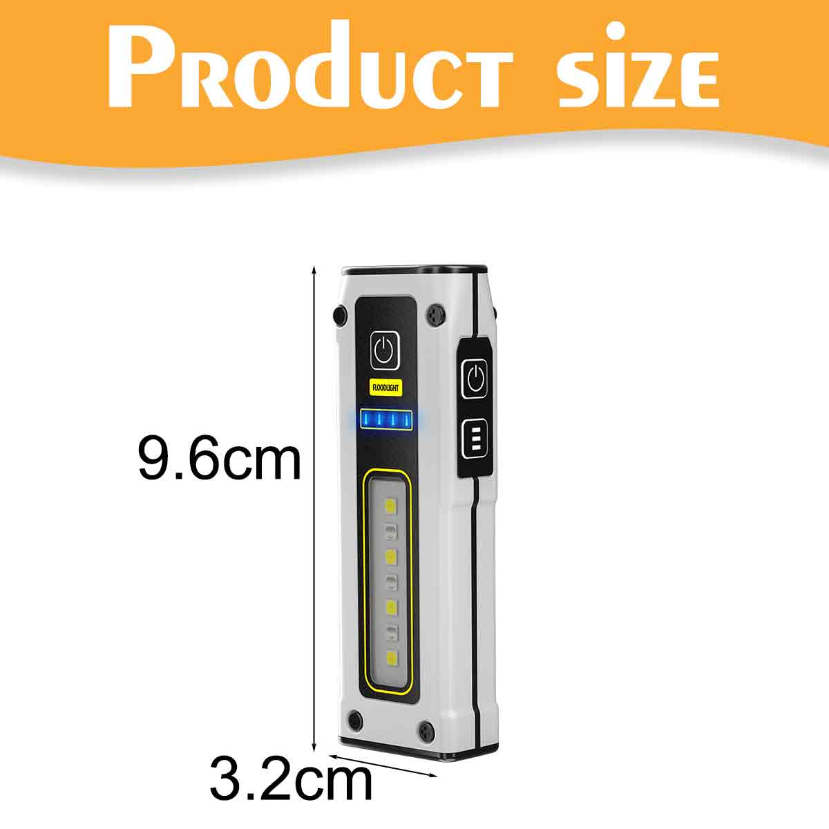 Diagramm zeigt die Produktgröße einer kompakten LED-Taschenlampe: 9,6 cm Höhe und 3,2 cm Breite.