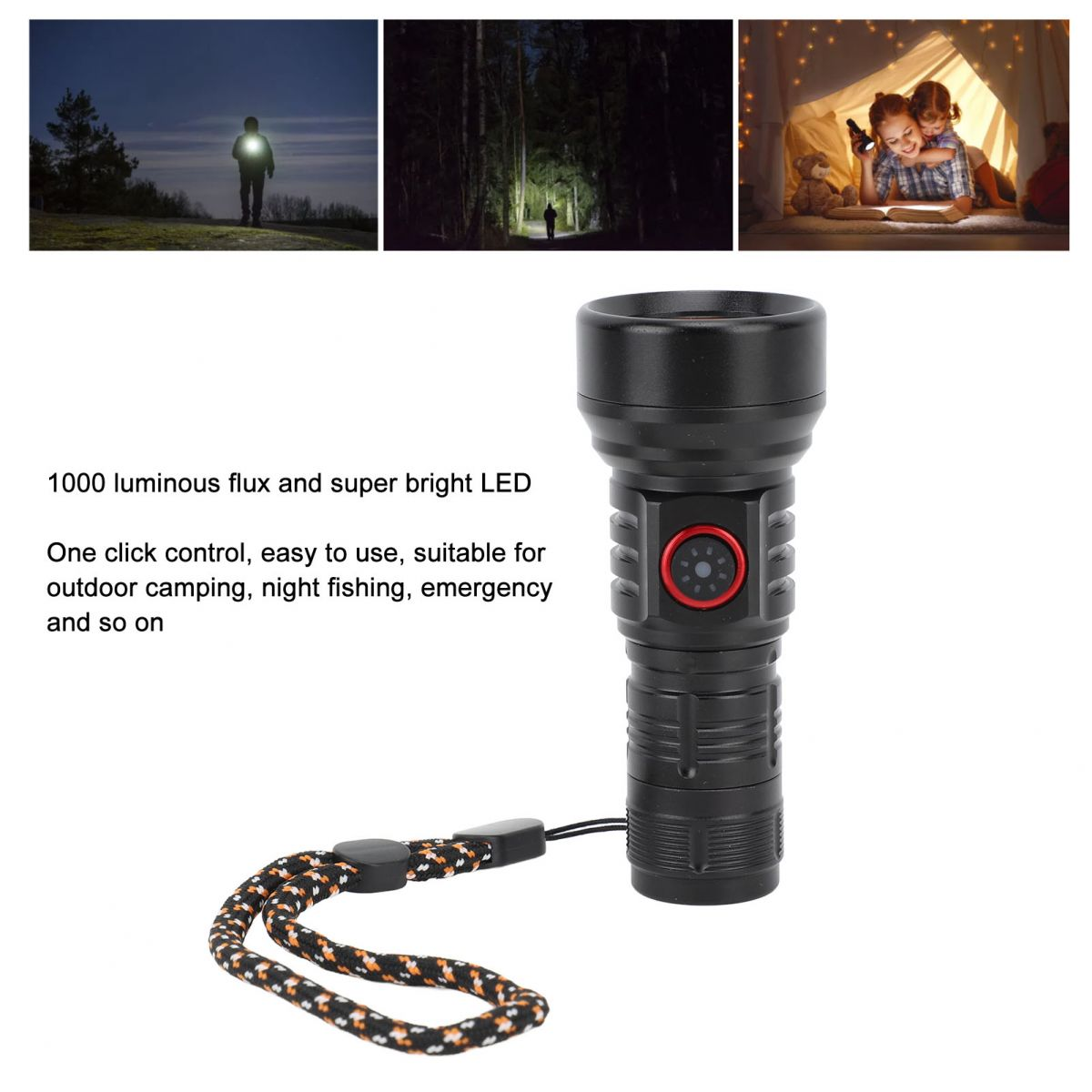 Eine schwarze LED-Taschenlampe mit Umhängeband und Text auf weißem Hintergrund.