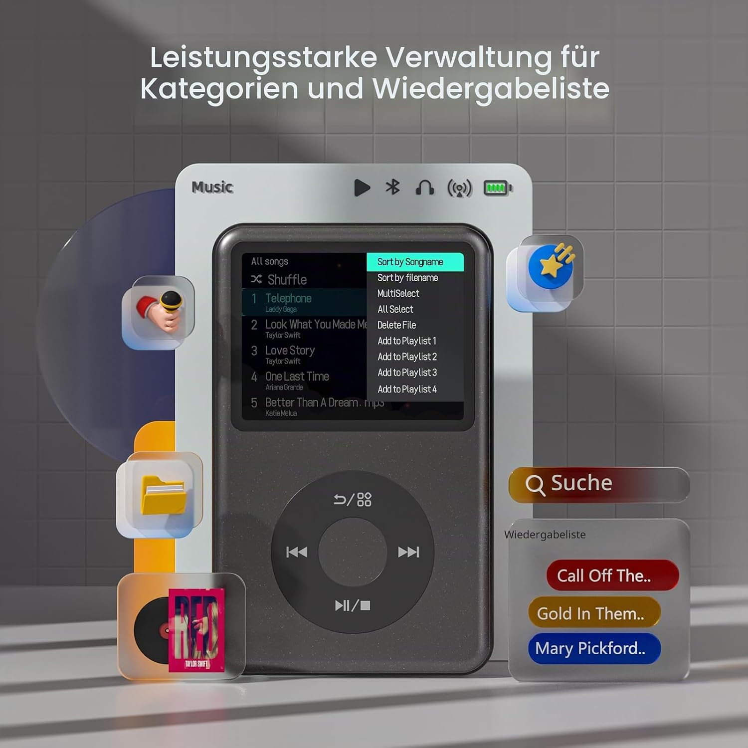 Eine 3D-Musikplayer-Oberfläche mit Songlisten, Ordnern und Suchoptionen vor einem gefliesten Hintergrund.