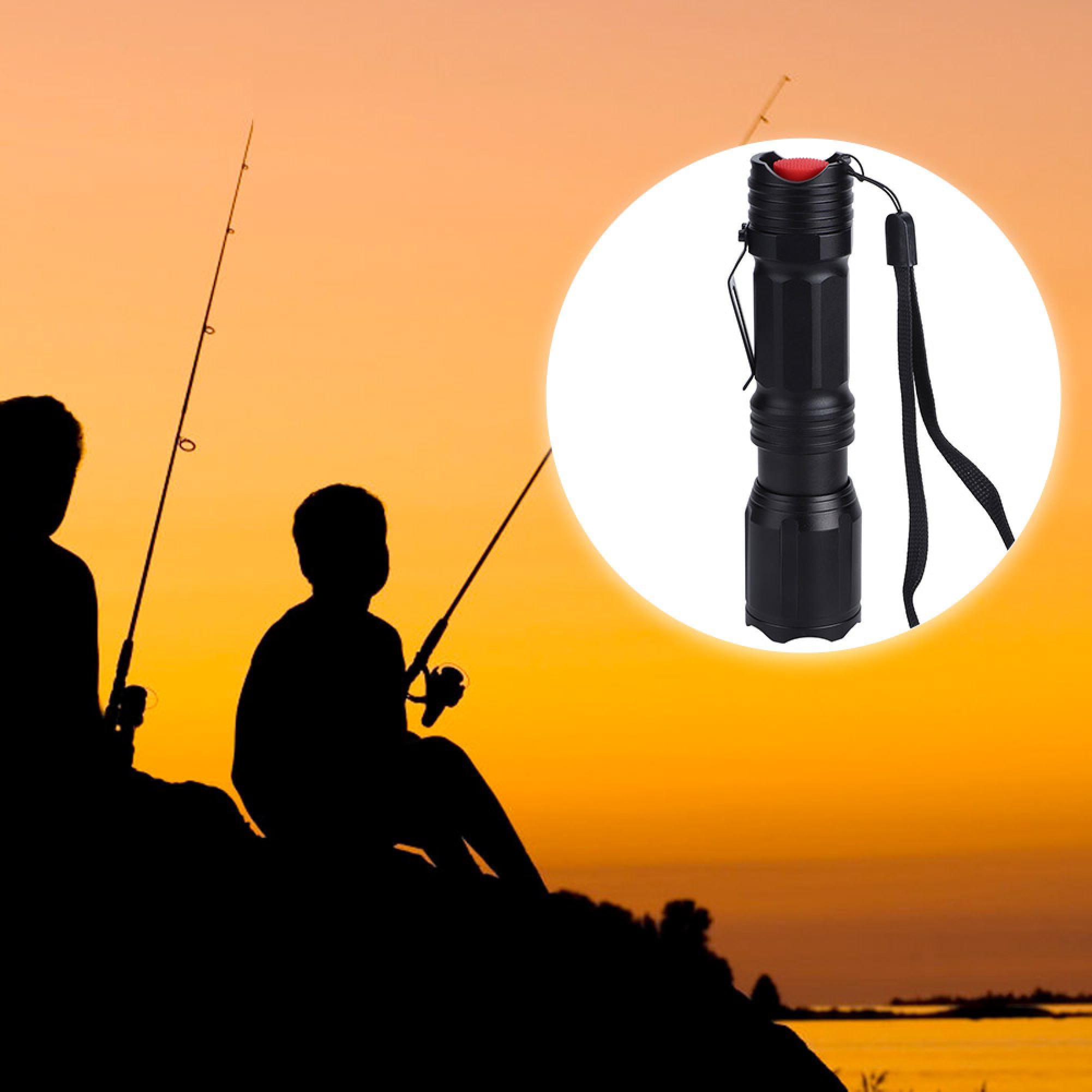 Schwarze Taschenlampe vor dem Hintergrund zweier Personen im Sonnenuntergang.