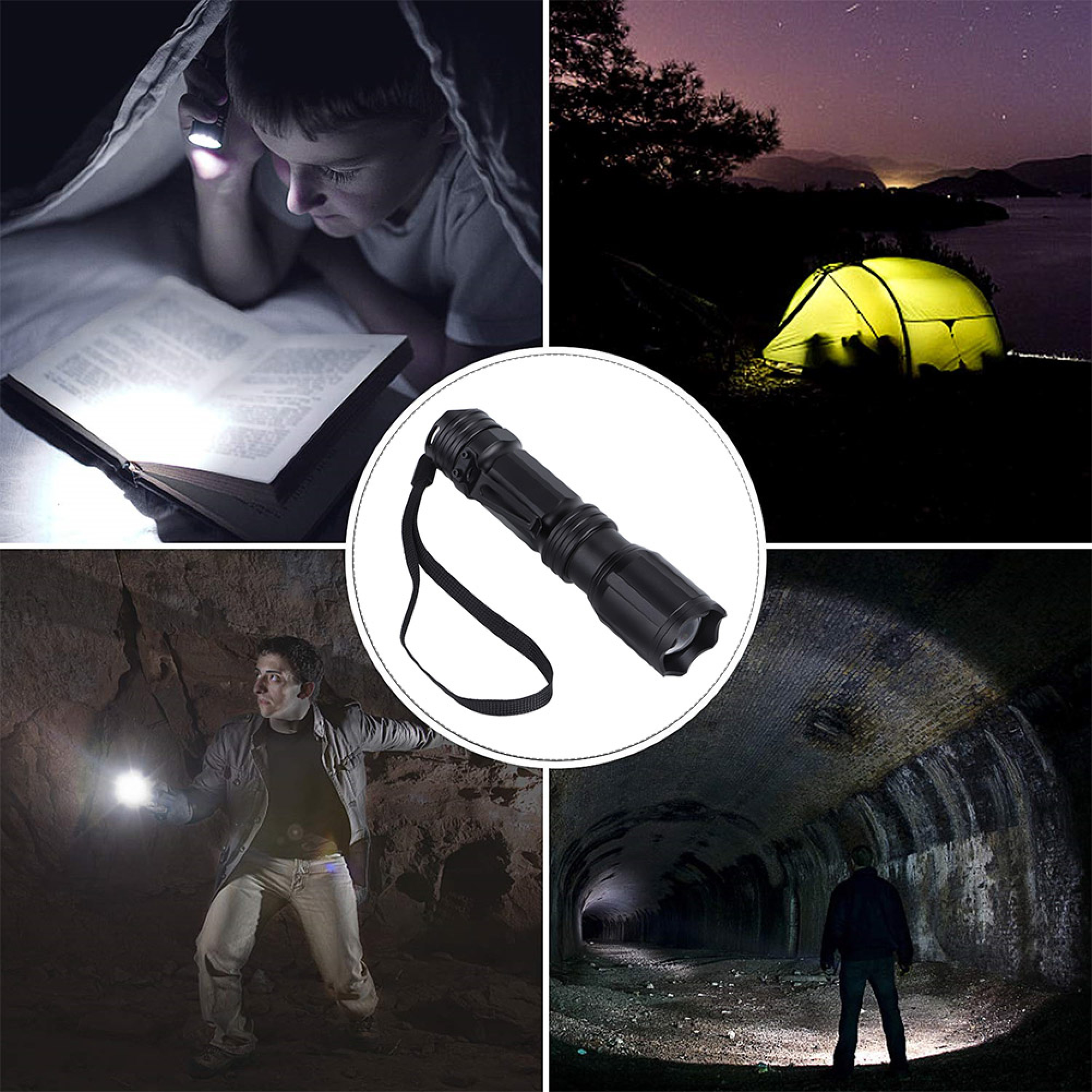 Eine schwarze Taschenlampe im Zentrum mit vier Nutzungsszenarien wie Lesen im Bett und Camping bei Nacht.