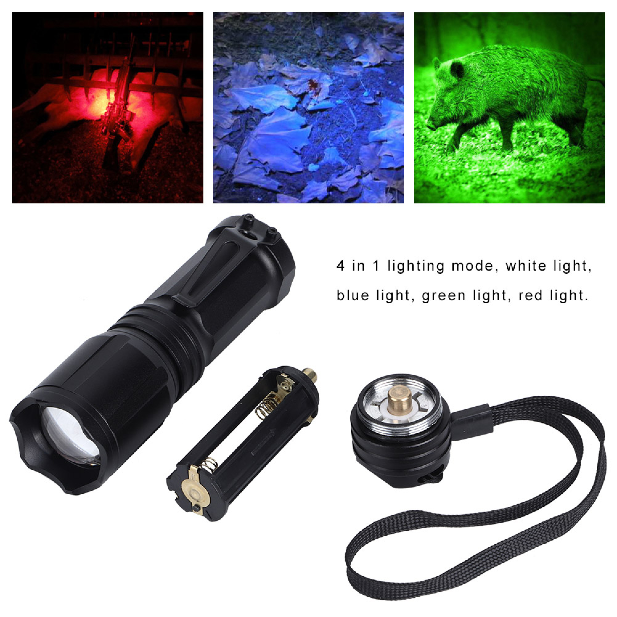 Eine schwarze Taschenlampe mit Batteriehalter, Endkappe mit Handschlaufe und vier Leuchtmodi.